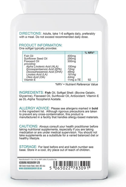 ICEVIT Omega 3-6-9: Back label with oil amounts, ingredients and fish allergen