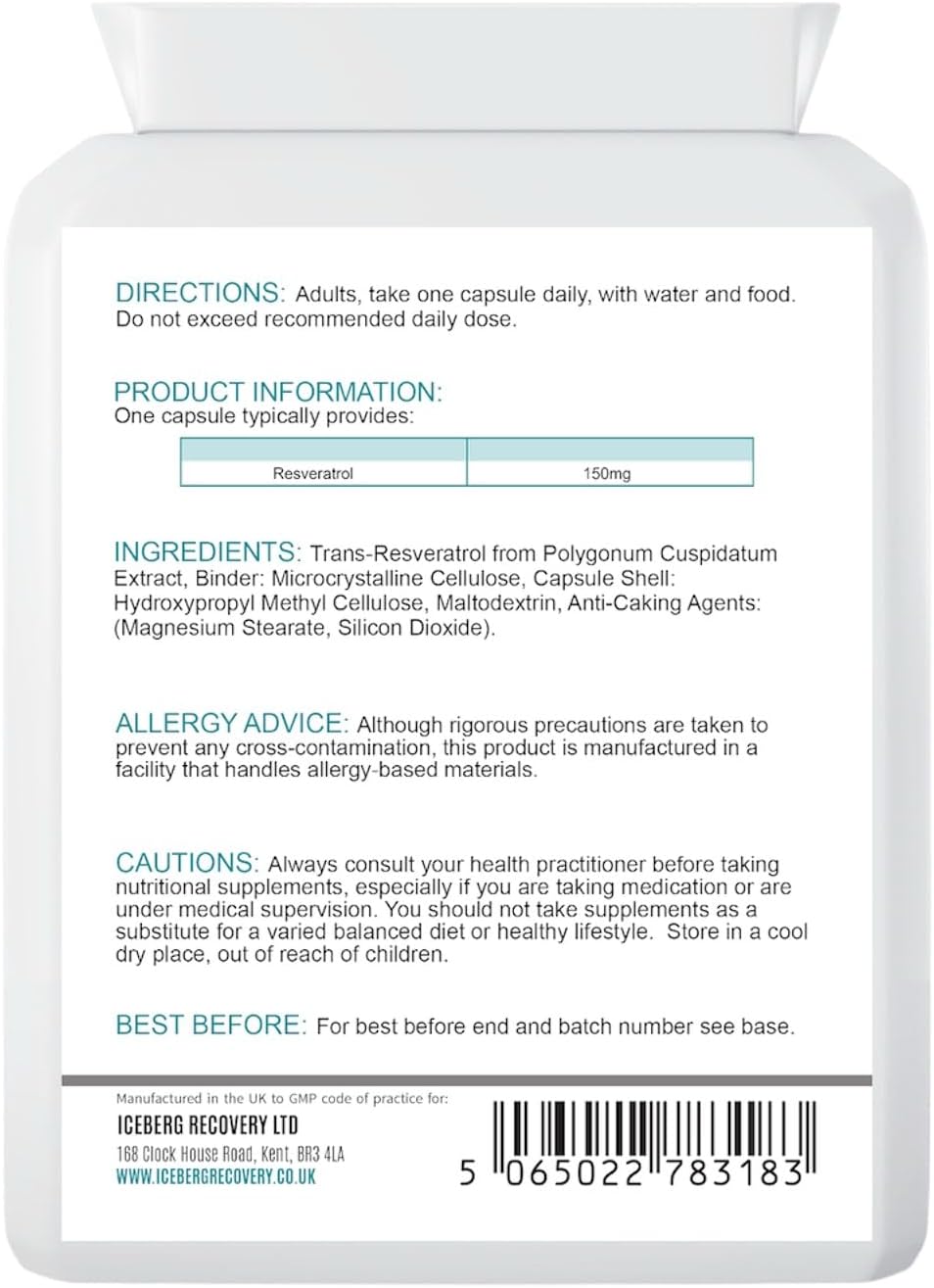 ICEVIT Trans-Resveratrol: Back label showing 150mg trans-resveratrol, ingredients and daily directions