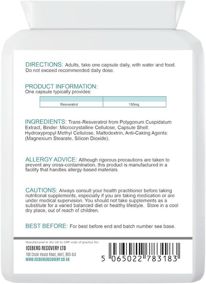 ICEVIT Trans-Resveratrol: Back label showing 150mg trans-resveratrol, ingredients and daily directions