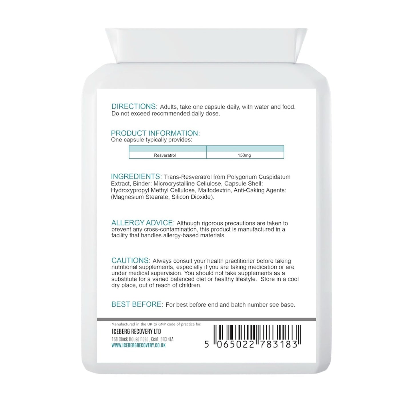 Supplement bottle label with directions, product information, and ingredients on a white background