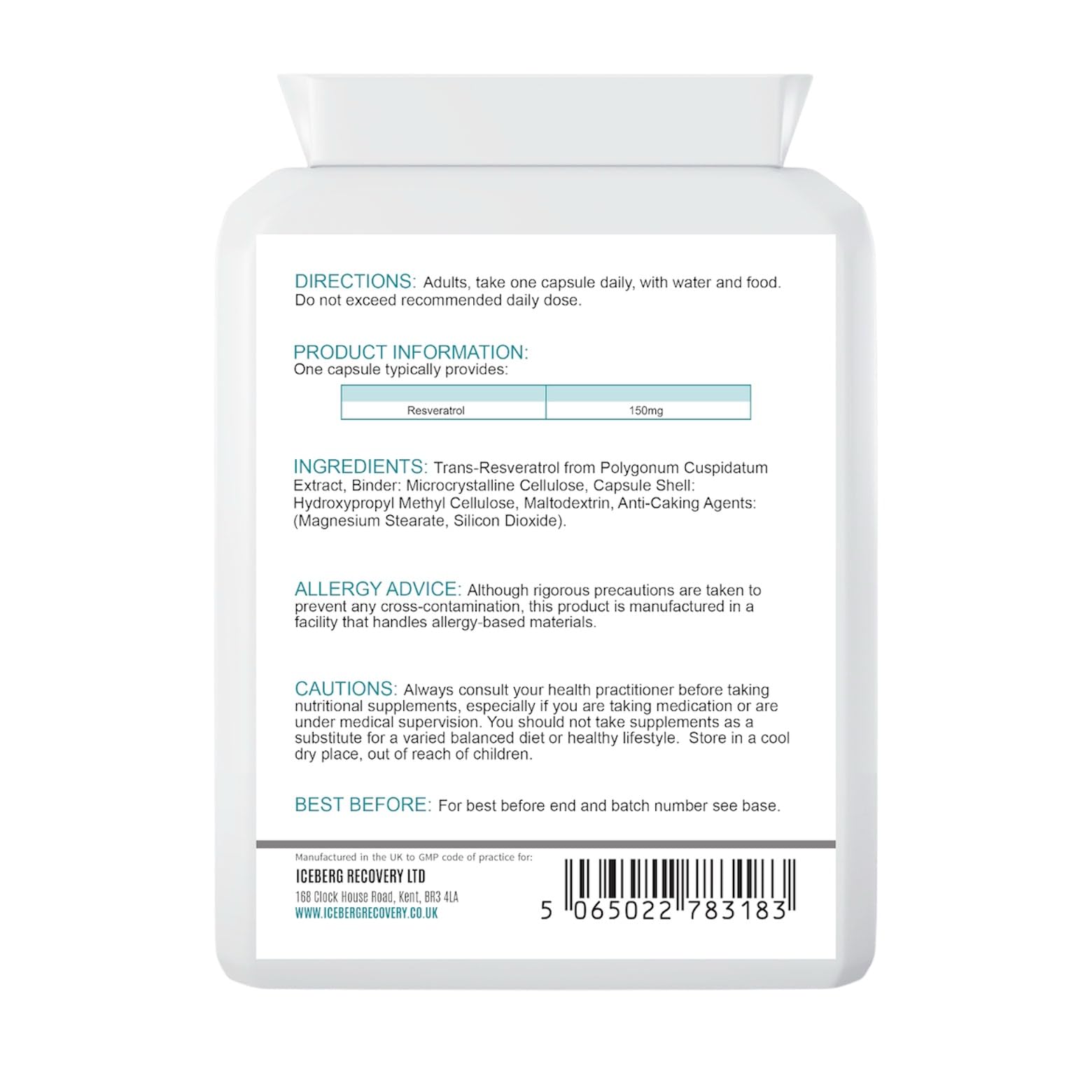 Supplement bottle label with directions, product information, and ingredients on a white background