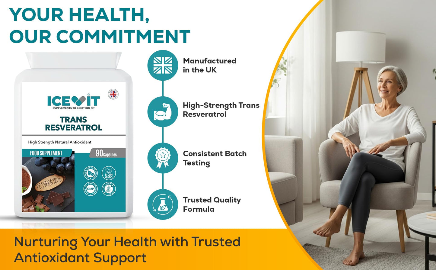 ICEVIT Trans Resveratrol supplement with a woman sitting in a living room, emphasizing health and commitment.