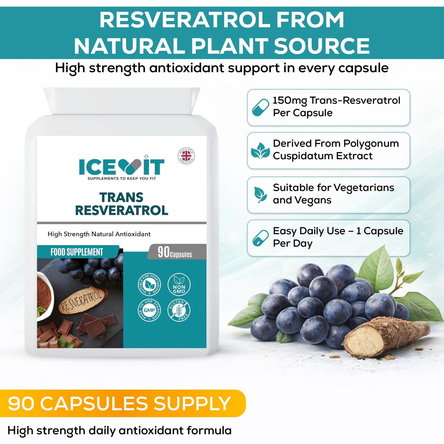 ICEVIT Trans Resveratrol supplement bottle with packaging details and natural plant imagery on a light blue background.