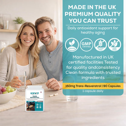 Couple sitting at a table with a container of ICEVIT Trans Resveratrol, with promotional text about product quality and benefits.