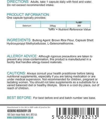 ICEVIT Selenium: Back label showing 200µg selenium, ingredients and directions