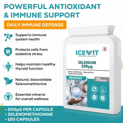ICEVIT Selenium supplement bottle with product details on a white background