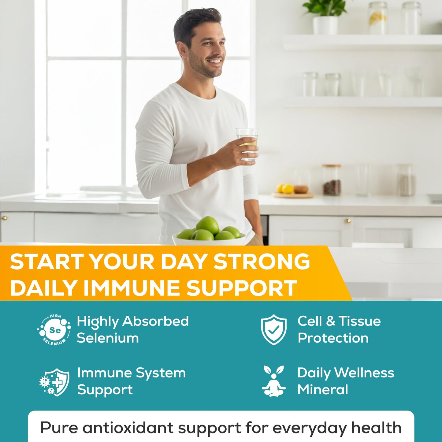Man in a kitchen holding a glass with text about daily immune support and health benefits.
