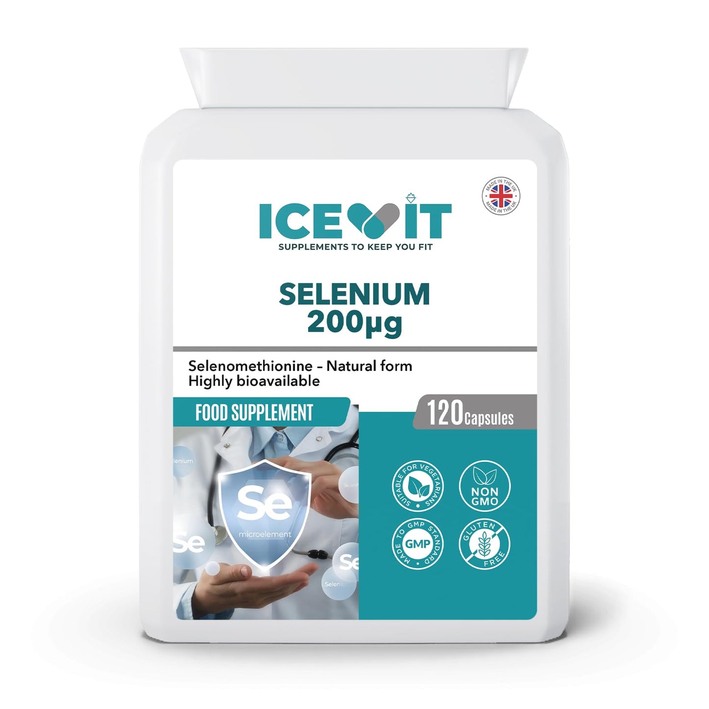 Supplement package labeled ICEVIT Selenium 200µg on a white background
