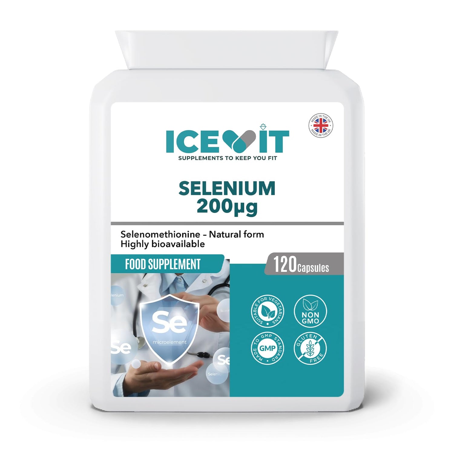 Supplement package labeled ICEVIT Selenium 200µg on a white background