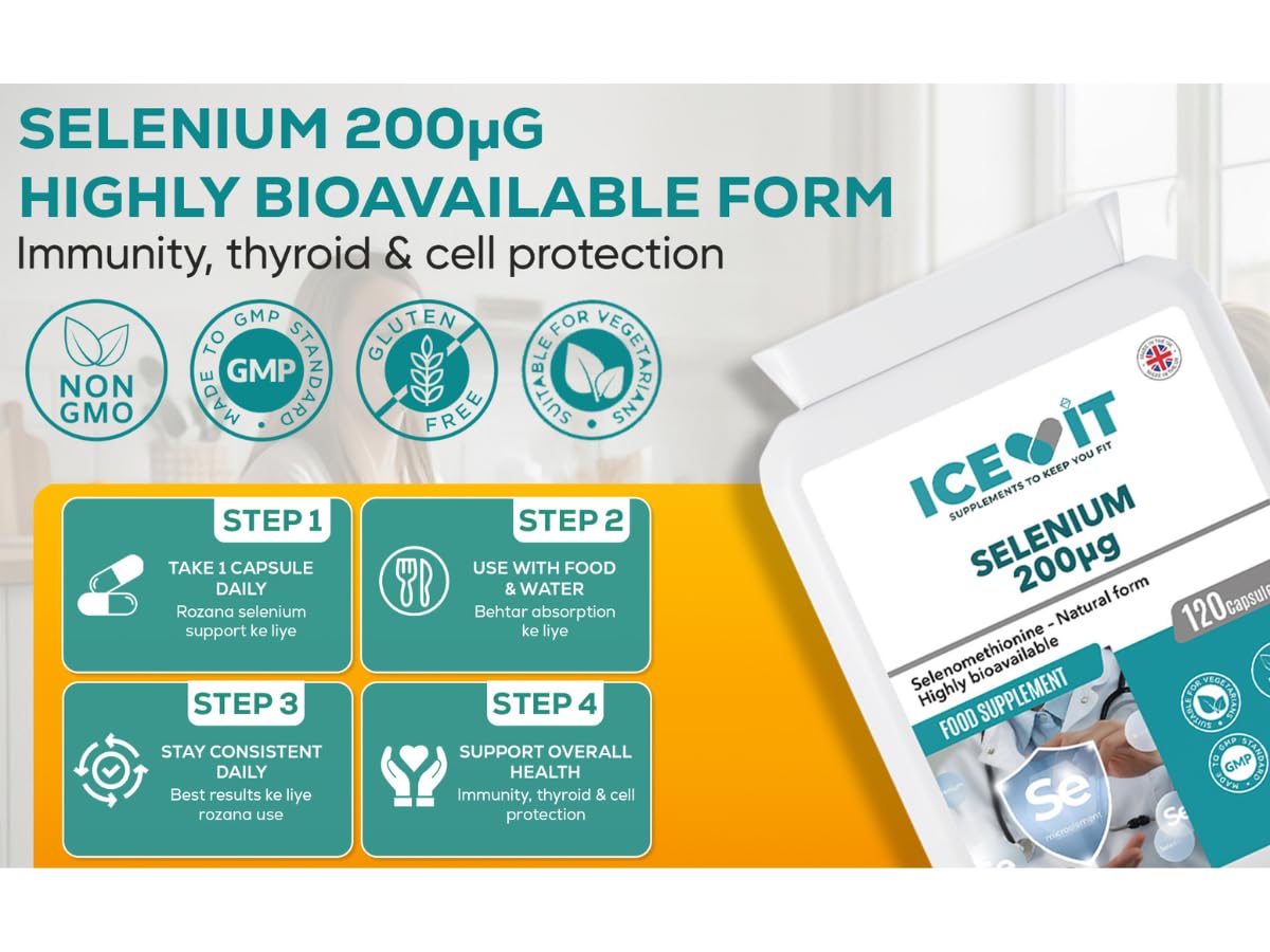 Supplement package with ICEVIT Selenium 200µG packaging and branding on a white background.