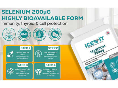 Supplement package with ICEVIT Selenium 200µG packaging and branding on a white background.