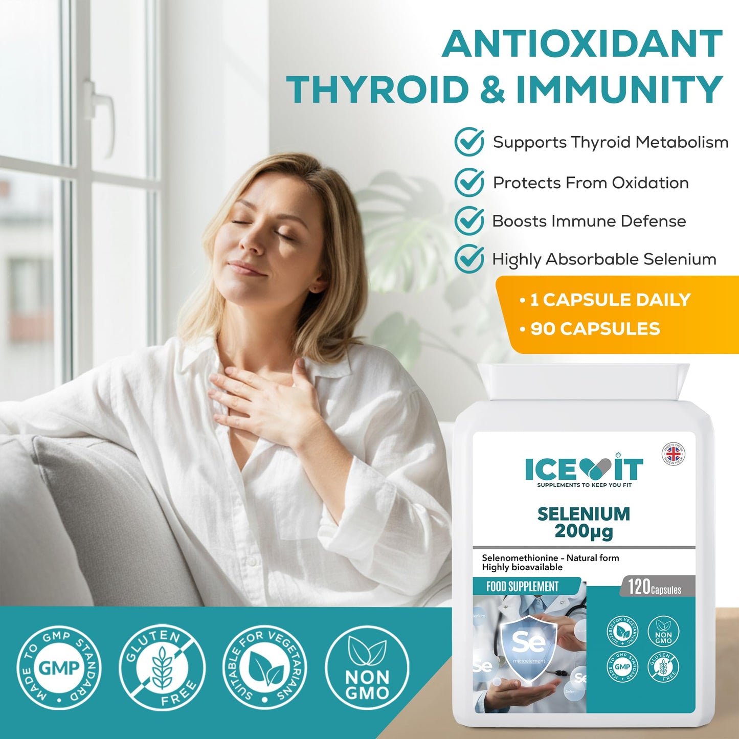 Woman sitting on a couch with a supplement bottle labeled ICEVIT Selenium in front of her.