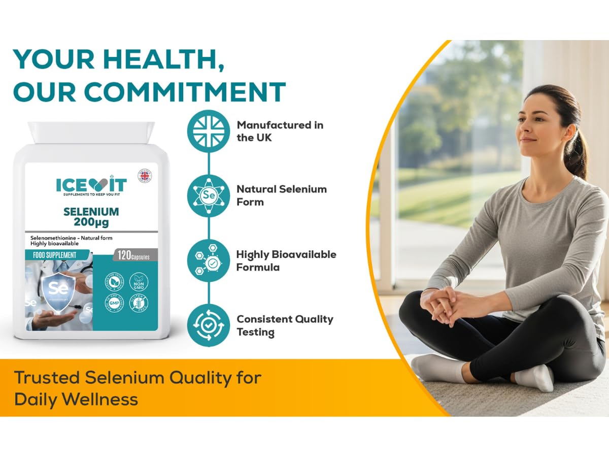 ICEVIT selenium supplement with a woman meditating, emphasizing health and wellness.