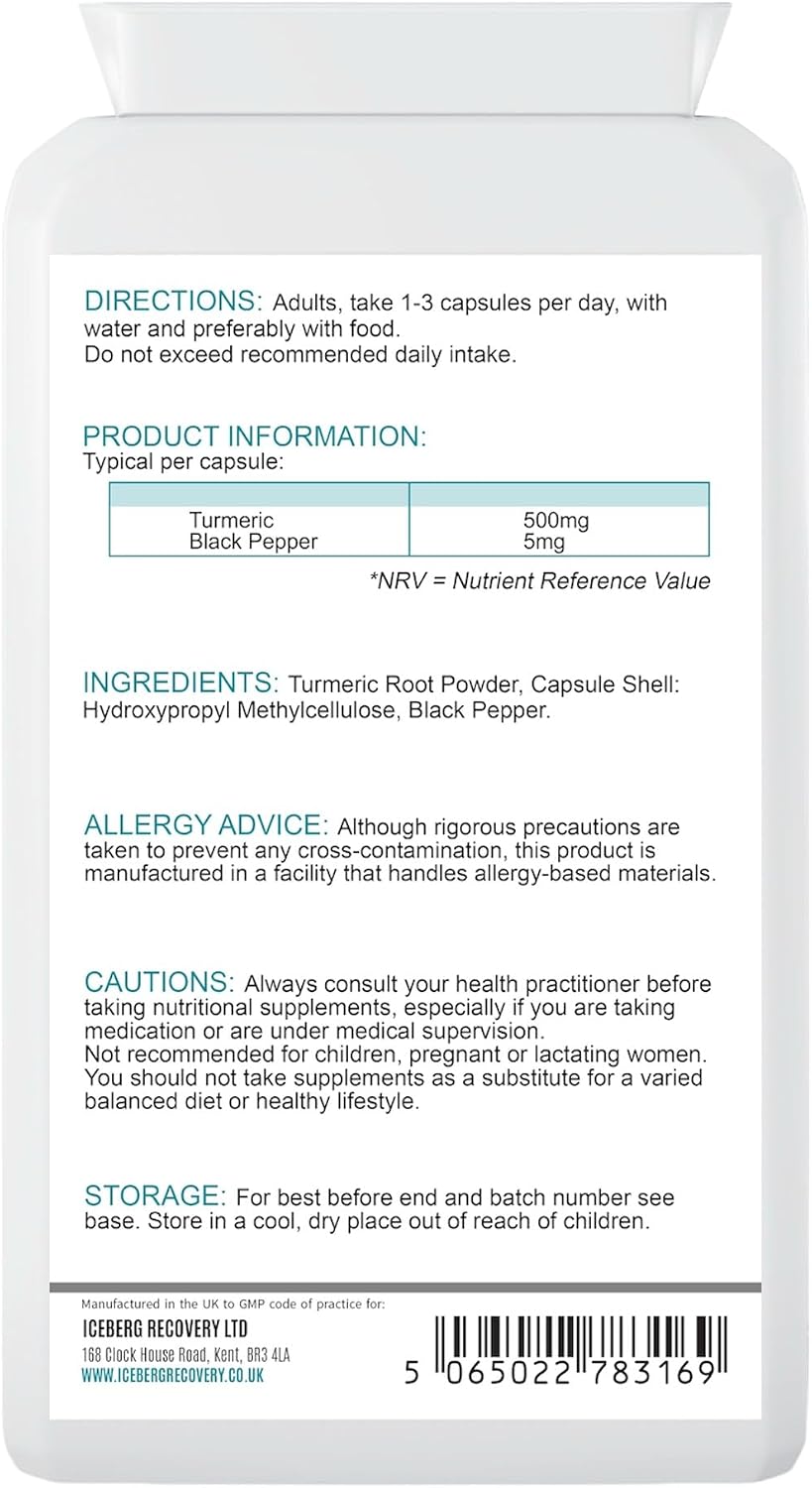 ICEVIT Turmeric with Black Pepper: Back label showing turmeric root powder, black pepper and directions