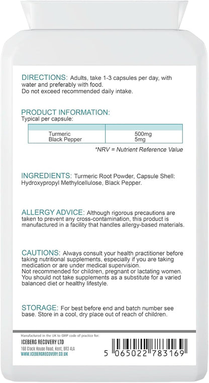 ICEVIT Turmeric with Black Pepper: Back label showing turmeric root powder, black pepper and directions