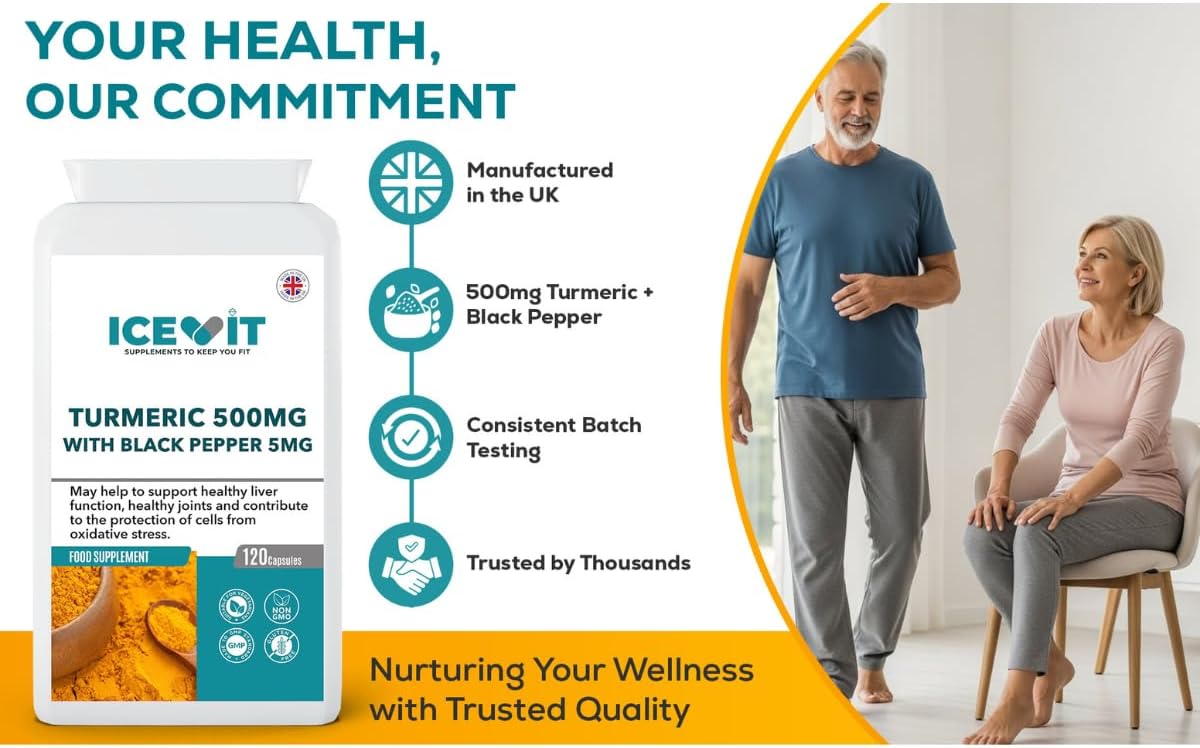 ICEVIT Turmeric with Black Pepper: Turmeric formulation panel with older couple exercising