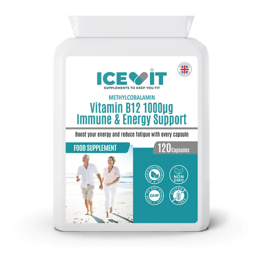 ICEVIT Vitamin B12 1000µg methylcobalamin, 120 vegan capsules in a white flat postal bottle, front view