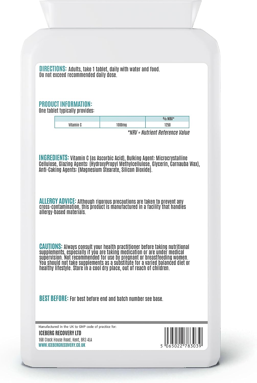 ICEVIT Vitamin C: Back label showing 1000mg vitamin C, ingredients and directions