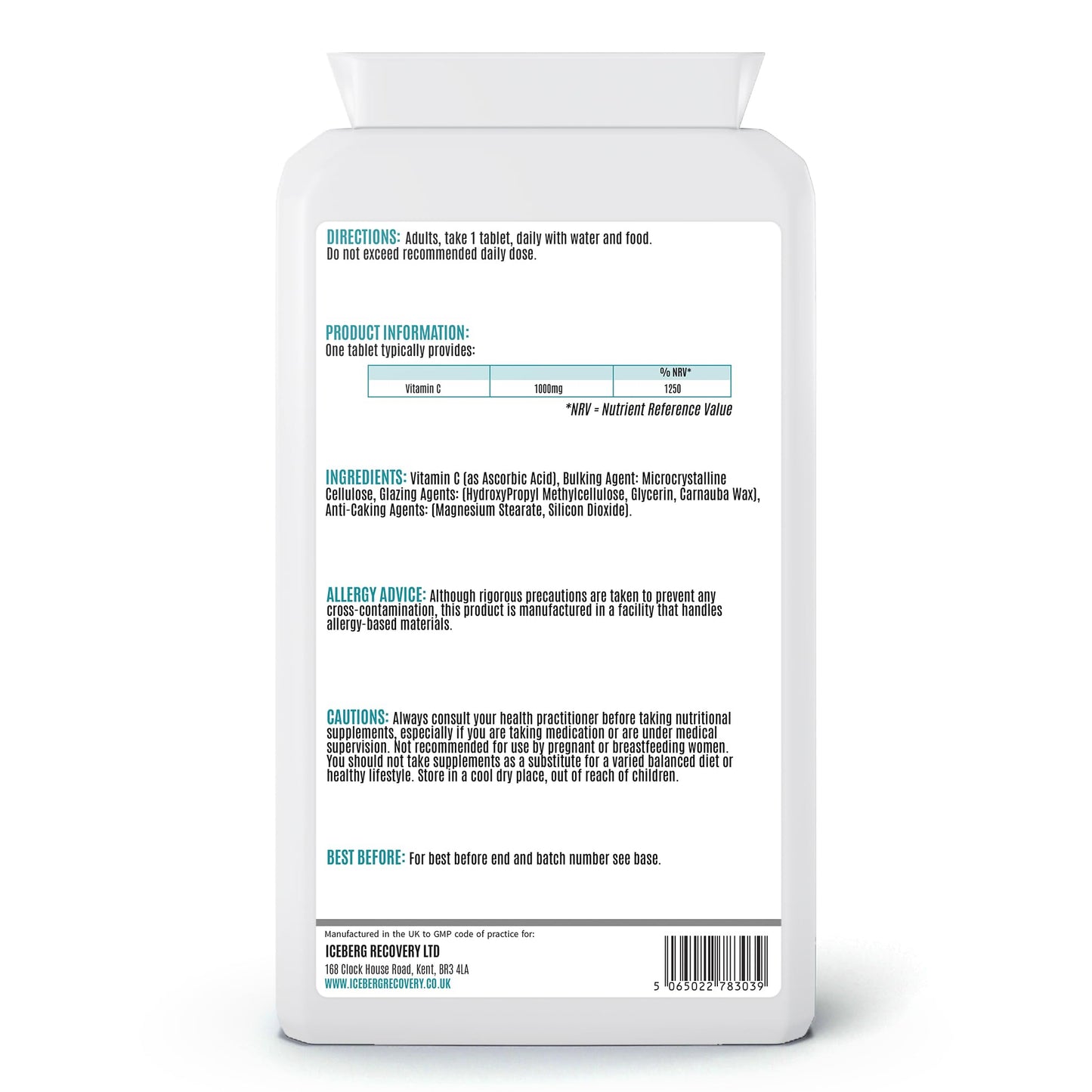 Back view of a supplement bottle with text and labels on a white background