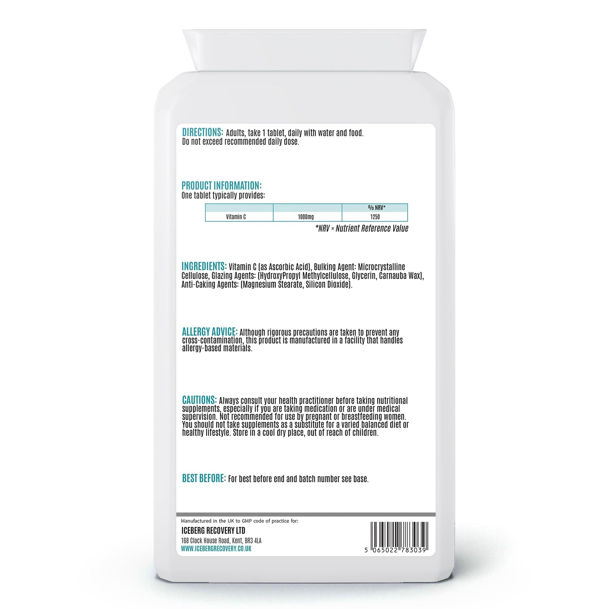 Back view of a supplement bottle with text and labels on a white background