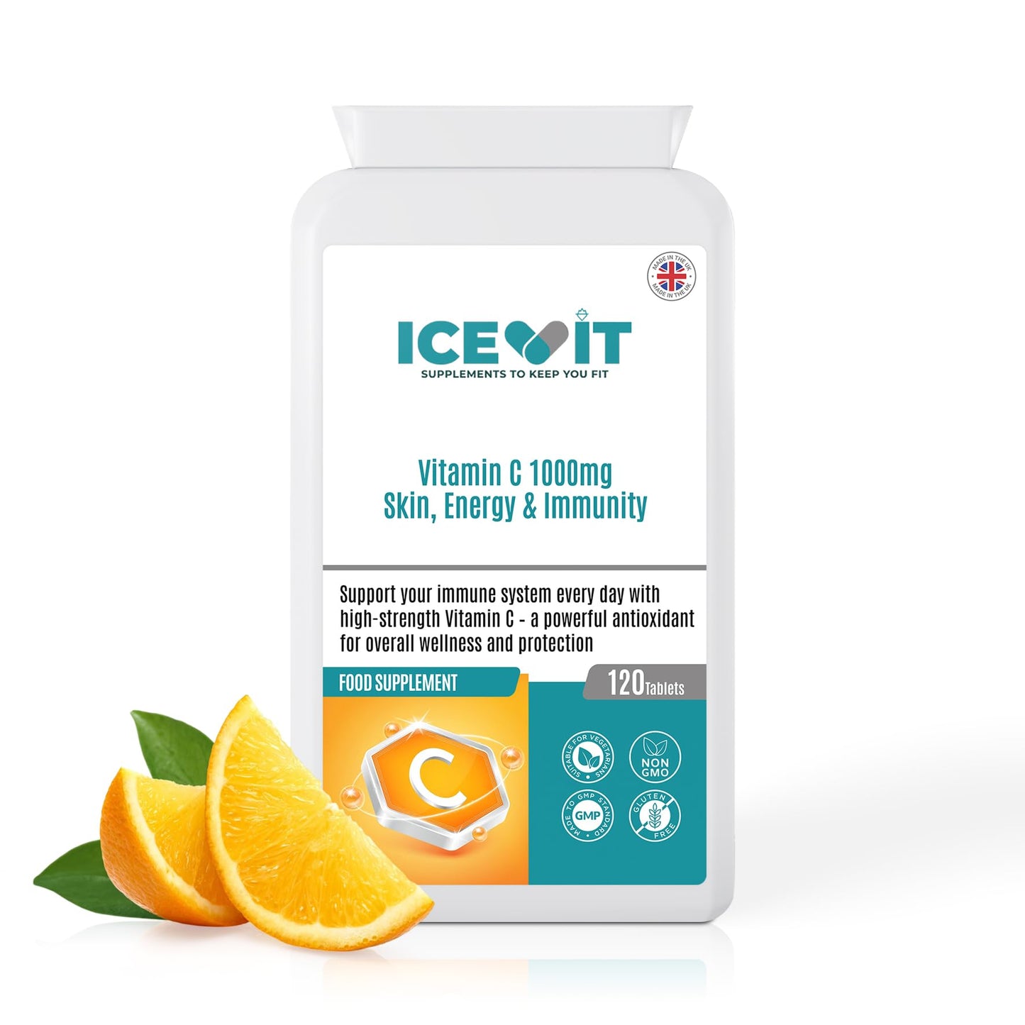 Icevit Vitamin C supplement packaging with orange slices on a white background