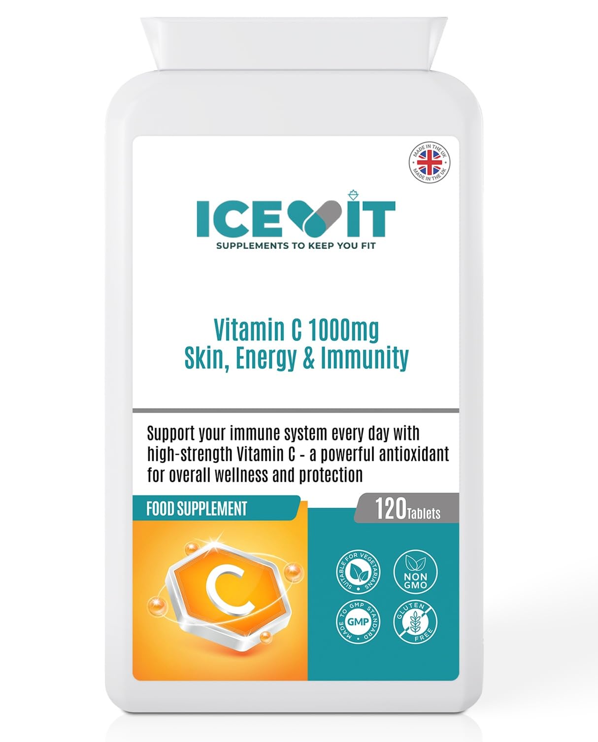Vitamin C supplement bottle with Icevit branding on a white background