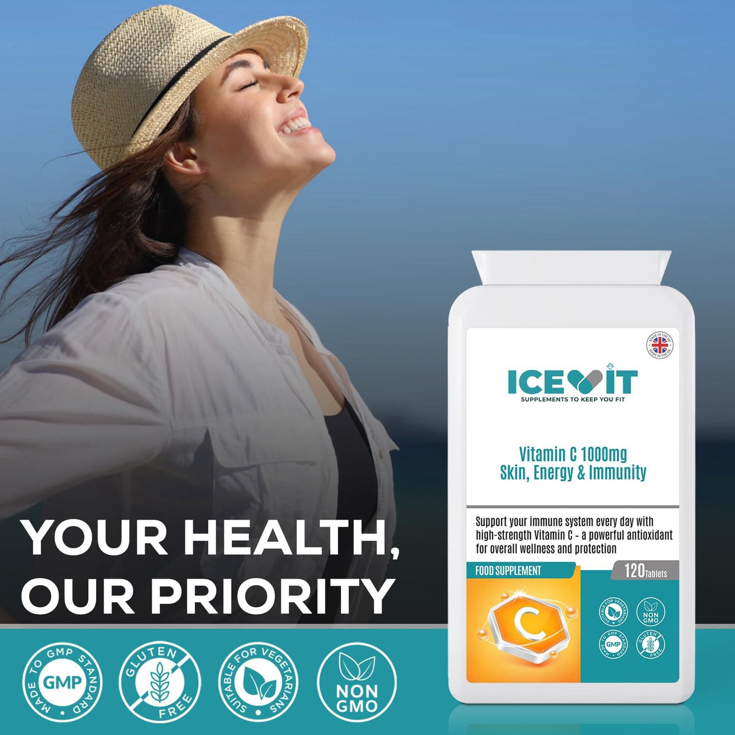 Woman with a hat against a blue sky background with an Icevit supplement package.