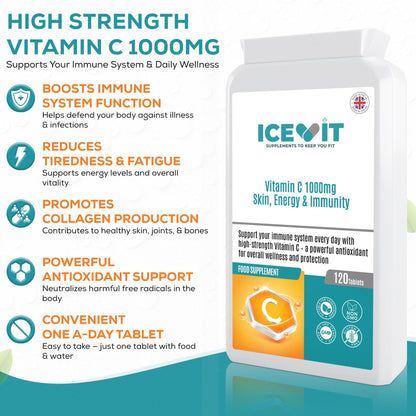 Icevit Vitamin C 1000mg supplement packaging with product details on a blue background