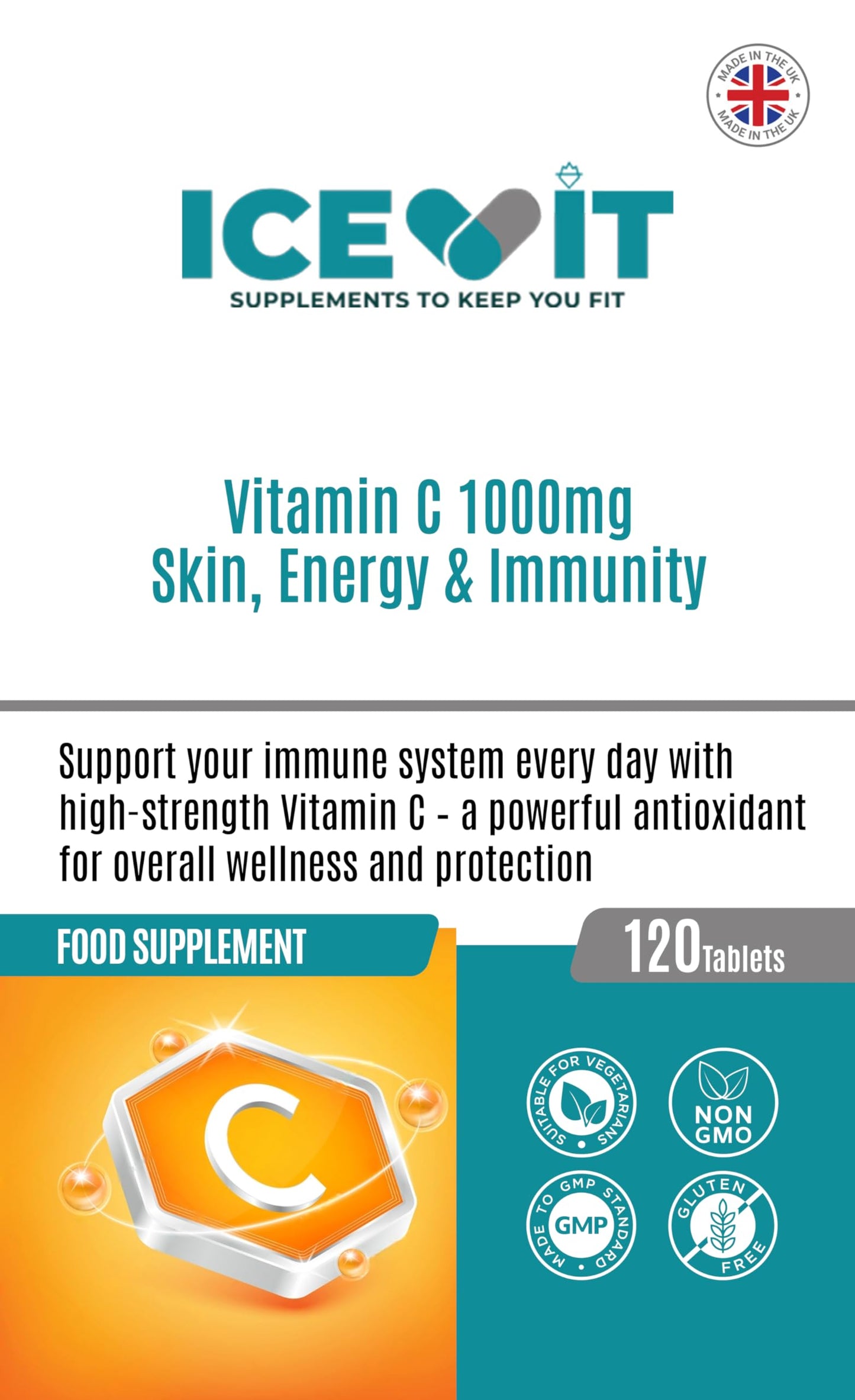 Supplement package for Vitamin C 1000mg with branding and product details on a white background