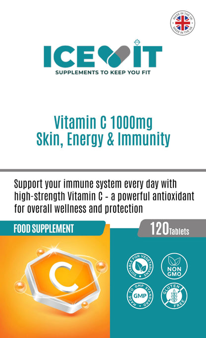 Supplement package for Vitamin C 1000mg with branding and product details on a white background