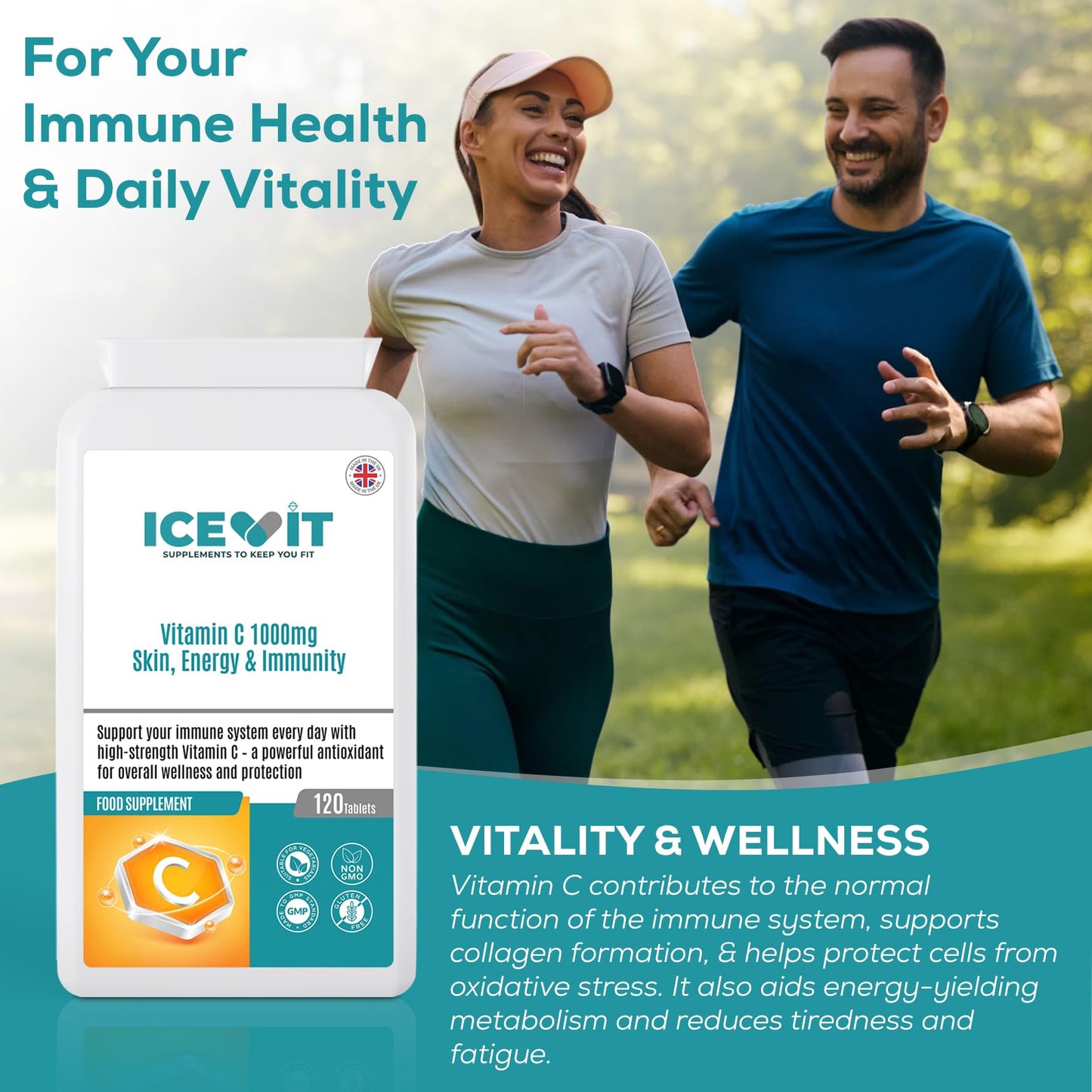 Two people running outdoors with an ICEVIT supplement container in the foreground.