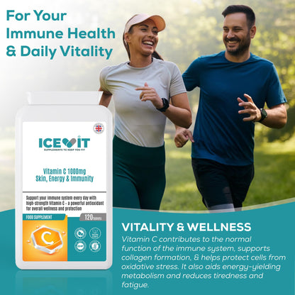 Two people running outdoors with an ICEVIT supplement container in the foreground.