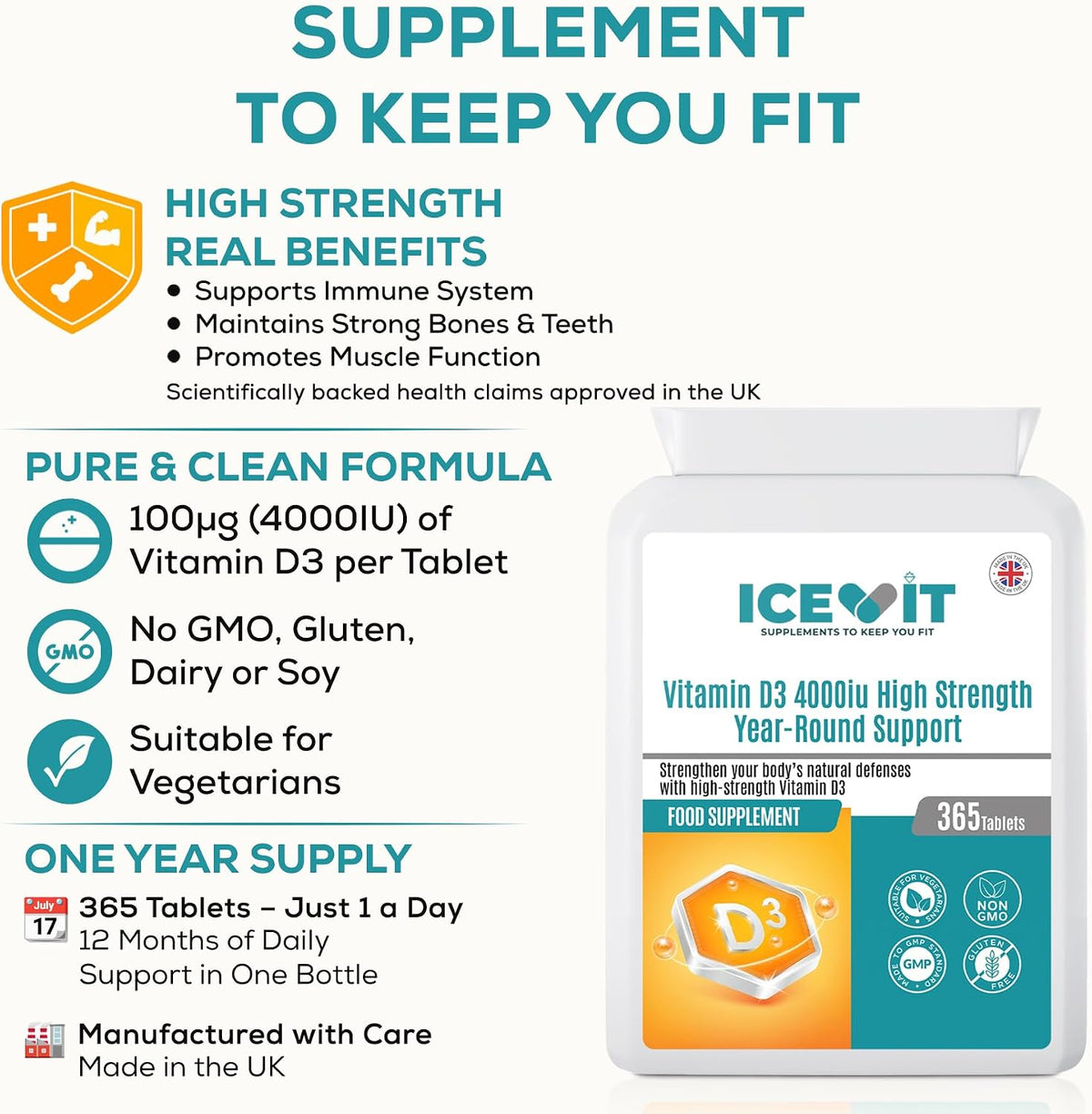 ICEVIT Vitamin D3: 100µg vitamin D3 and vegetarian daily formula infographic