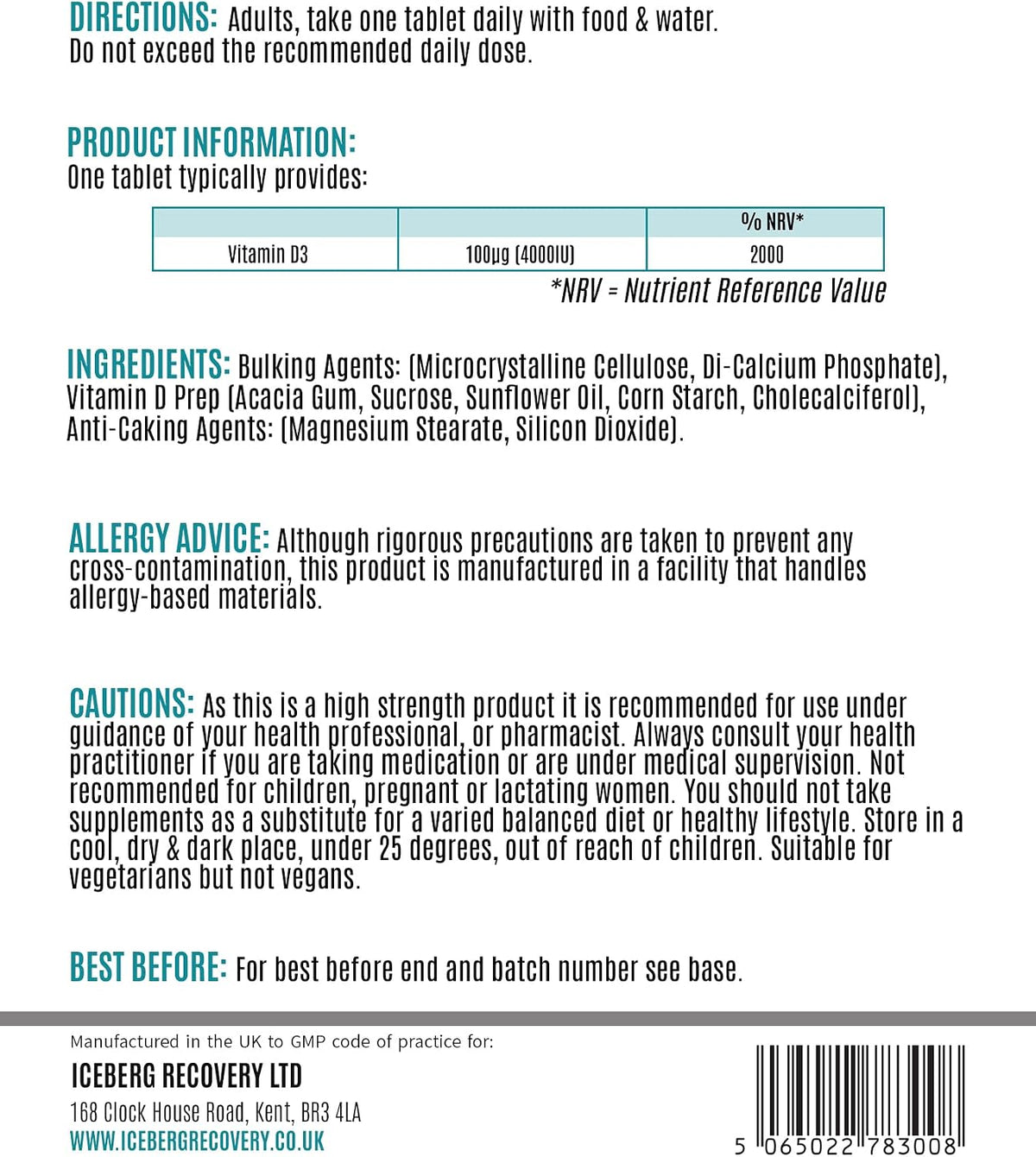 ICEVIT Vitamin D3: Back label showing 4000 IU vitamin D3, ingredients and cautions