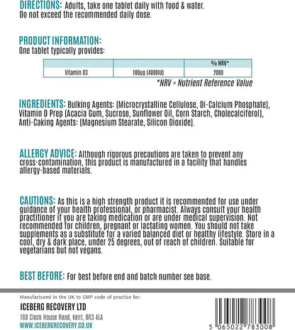 ICEVIT Vitamin D3: Back label showing 4000 IU vitamin D3, ingredients and cautions