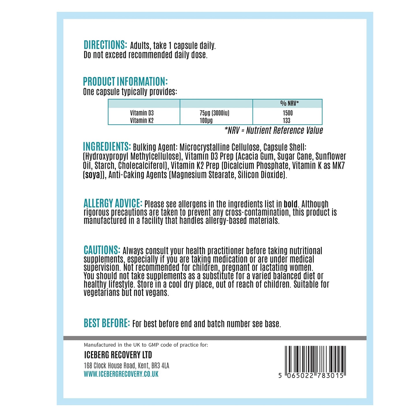 Nutritional supplement label with directions, product information, ingredients, and allergen advice on a white background.