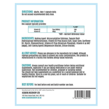 Nutritional supplement label with directions, product information, ingredients, and allergen advice on a white background.