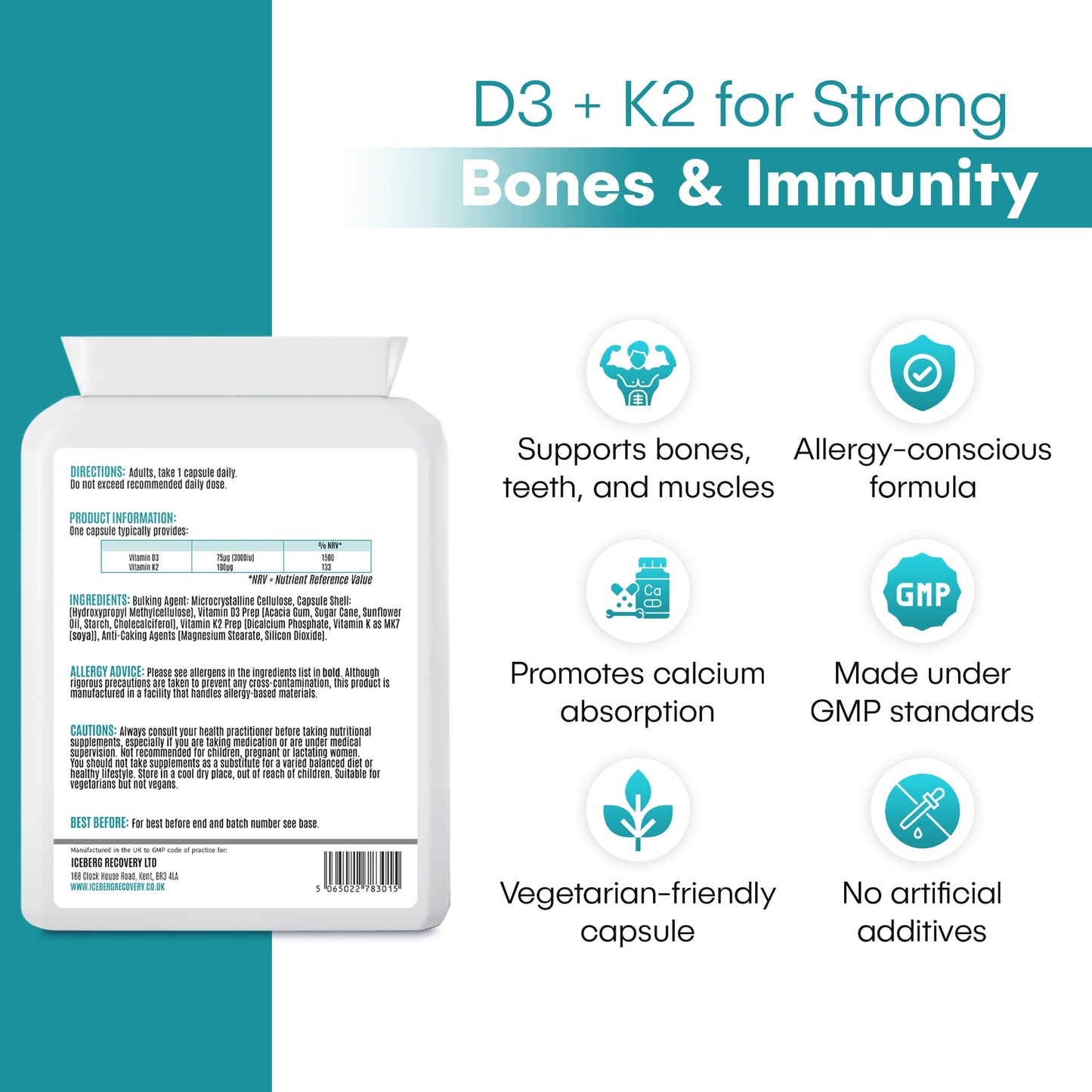 Supplement package with D3 + K2 for strong bones and immunity on a white background