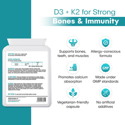 Supplement package with D3 + K2 for strong bones and immunity on a white background
