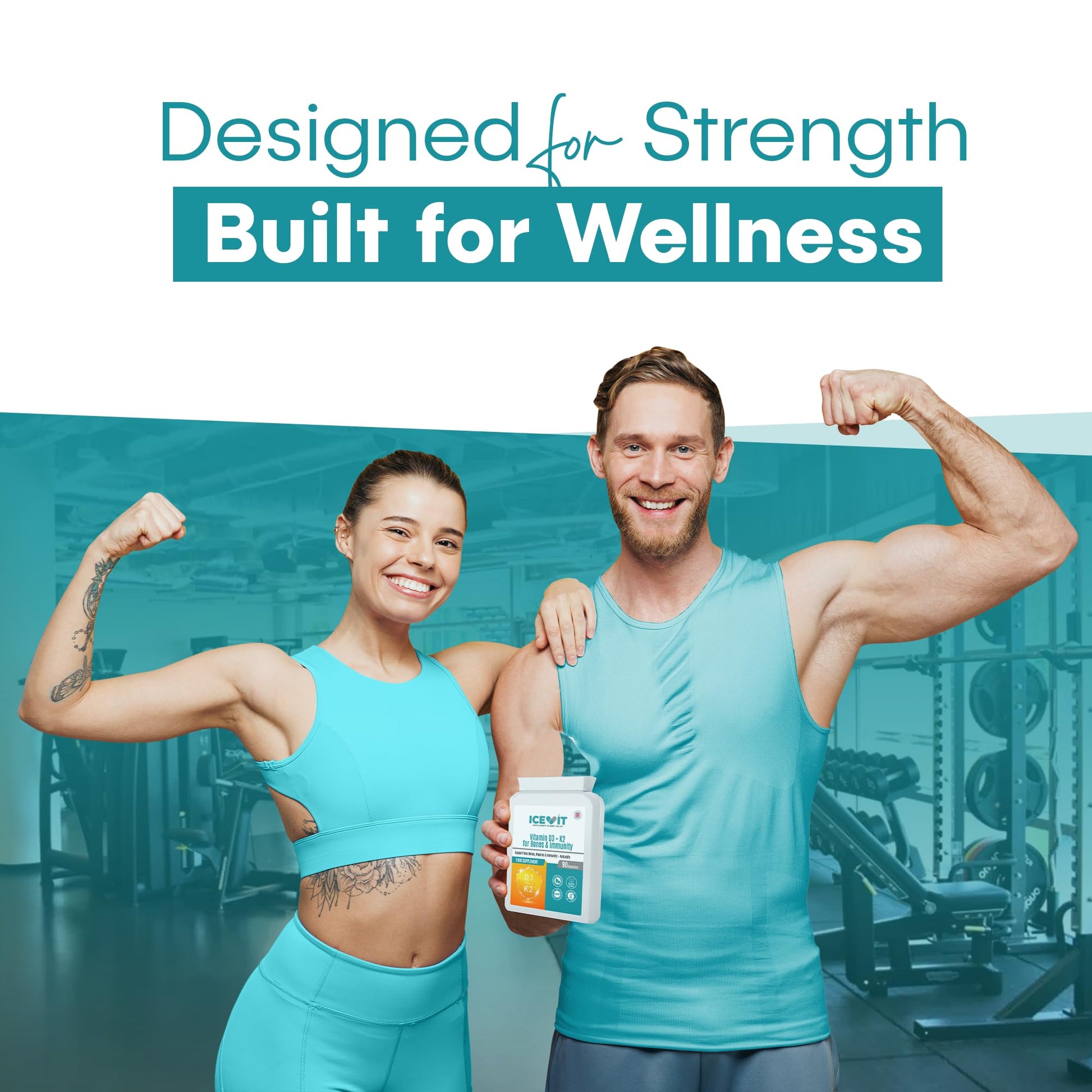 Two people in a gym setting with a supplement container, text 'Designed for Strength Built for Wellness' above them.