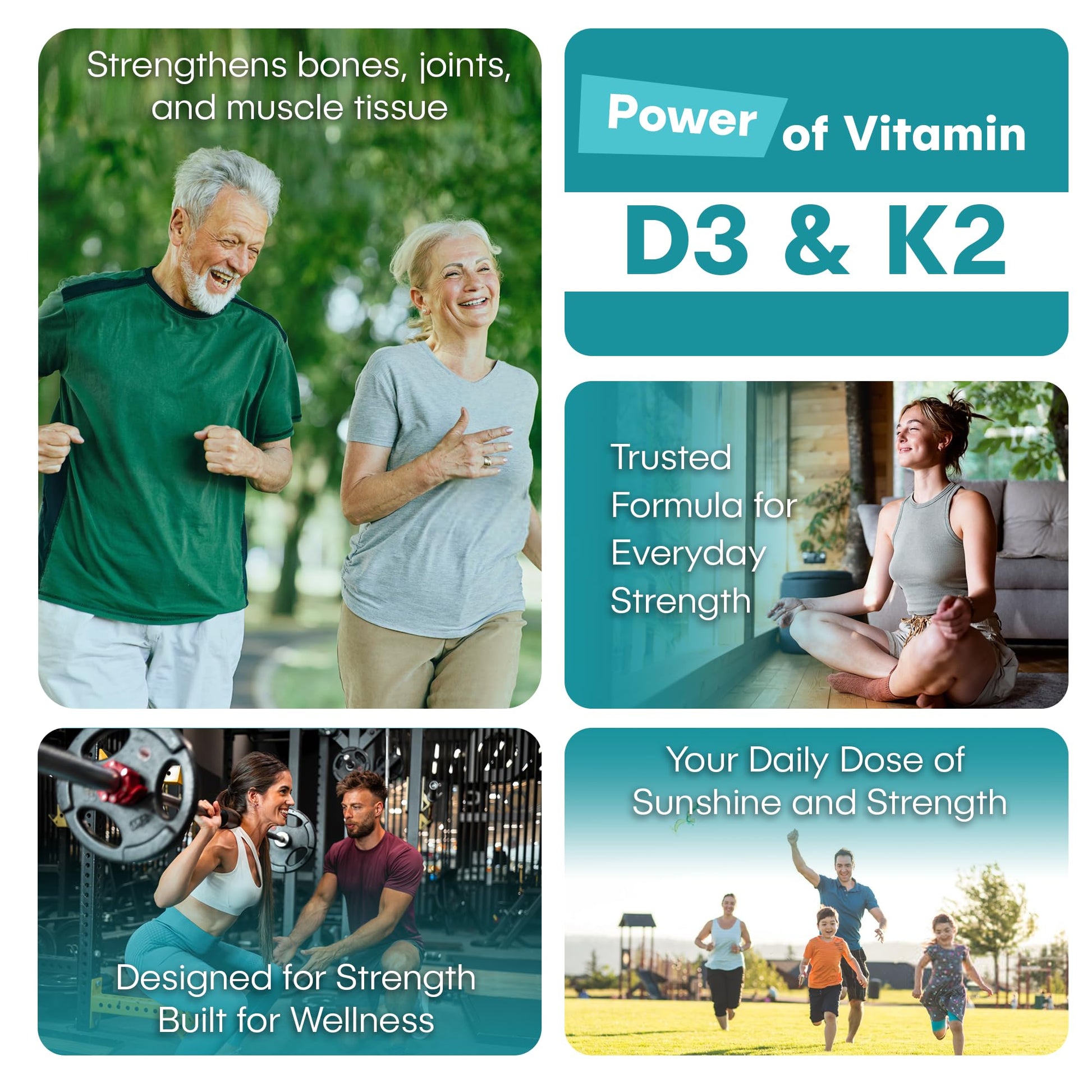 Advertisement for Vitamin D3 & K2 with images of people exercising outdoors and indoors.