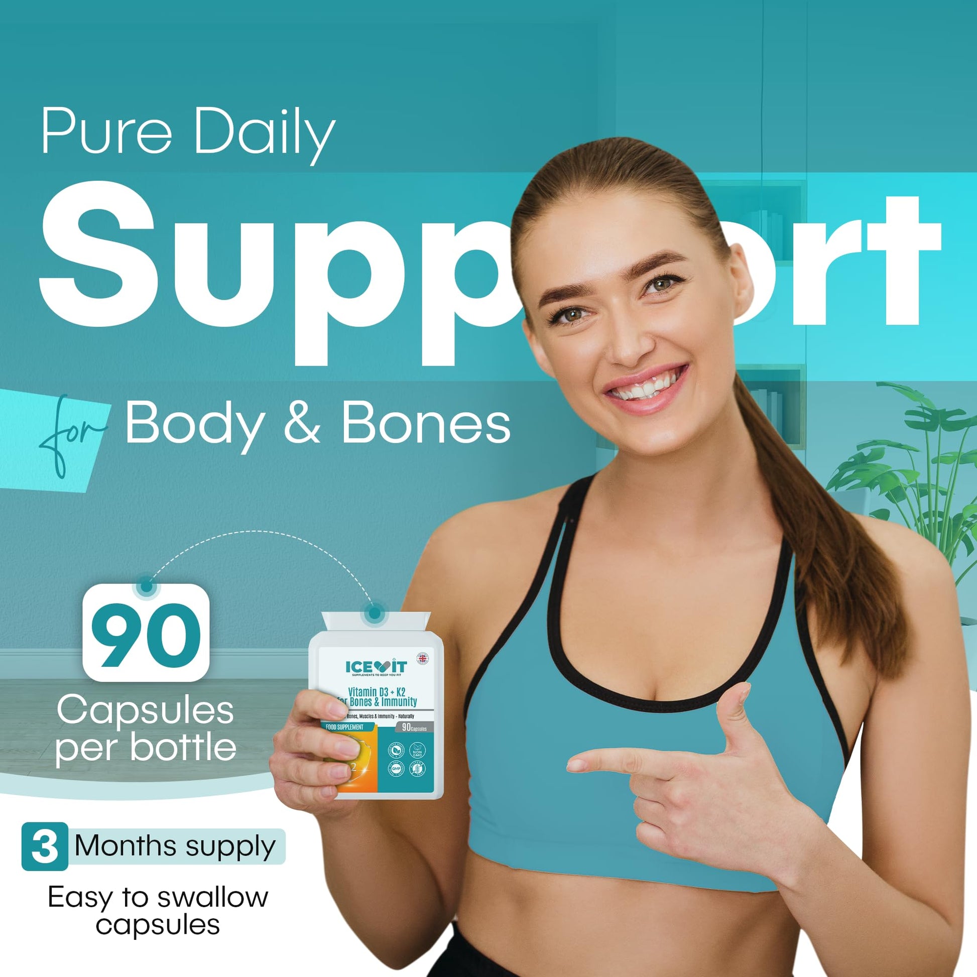 Woman holding a supplement bottle with 'Pure Daily Support' branding on a teal background