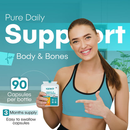 Woman holding a supplement bottle with 'Pure Daily Support' branding on a teal background