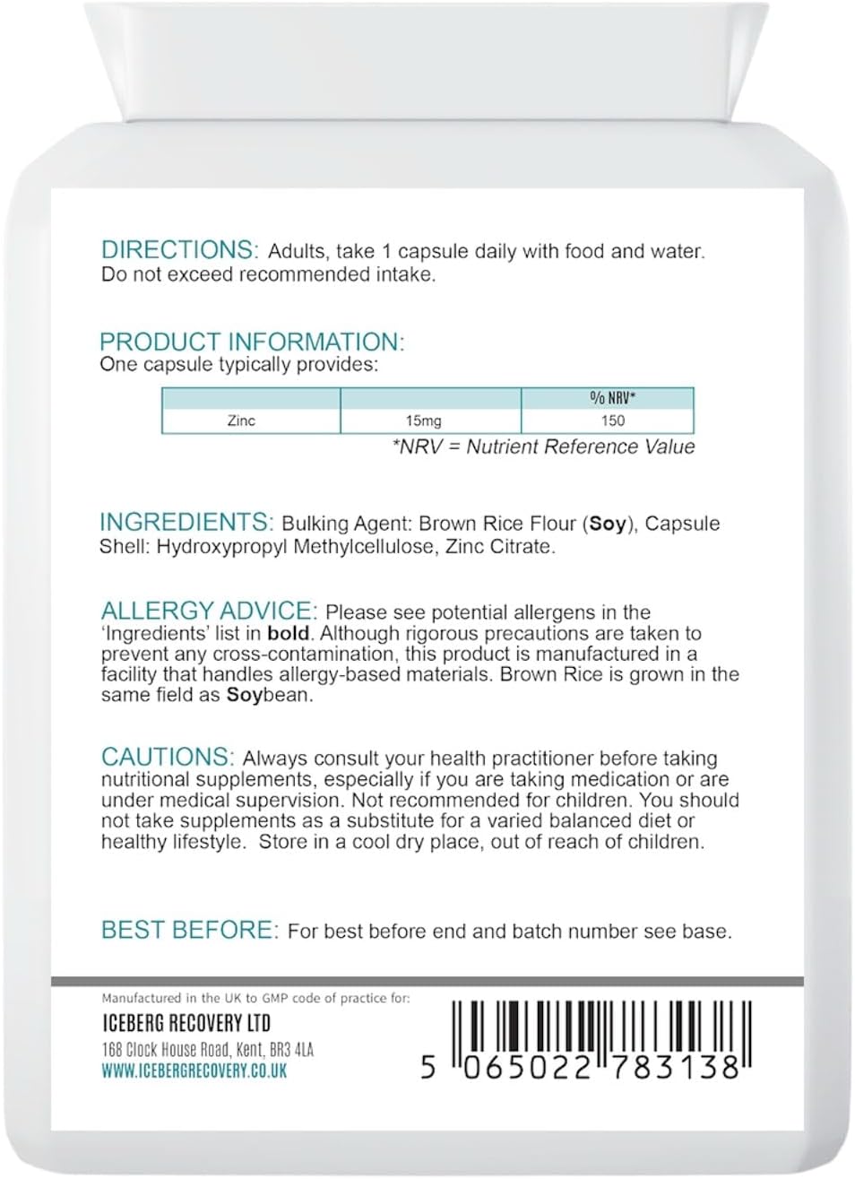 ICEVIT Zinc Citrate: Back label with 15mg zinc amount, ingredients and soya information