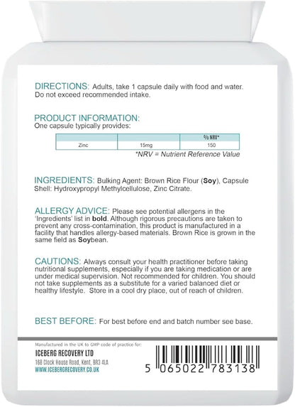 ICEVIT Zinc Citrate: Back label with 15mg zinc amount, ingredients and soya information