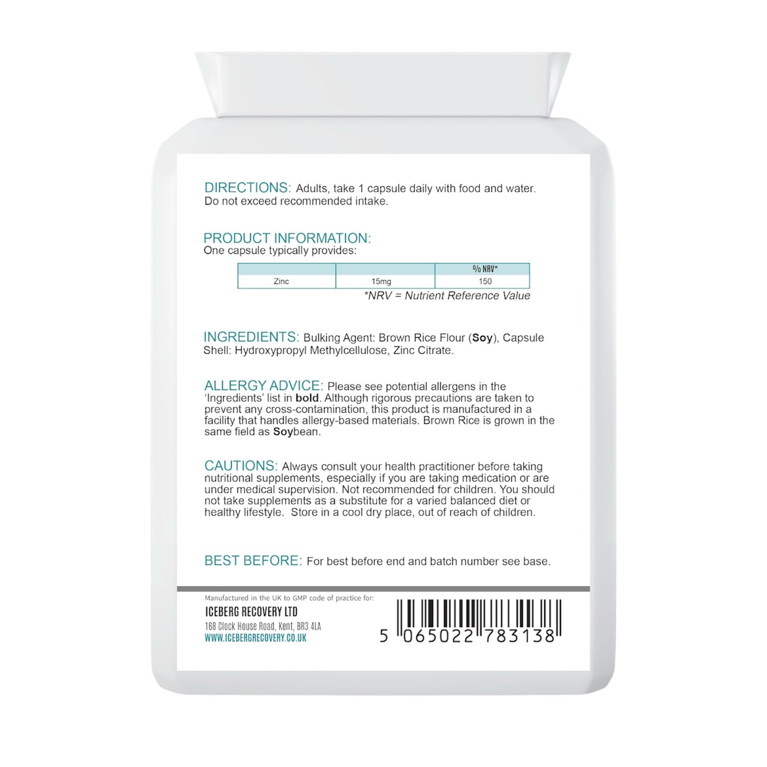 Supplement bottle label with directions, product information, ingredients, and other details on a white background