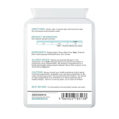 Supplement bottle label with directions, product information, ingredients, and other details on a white background