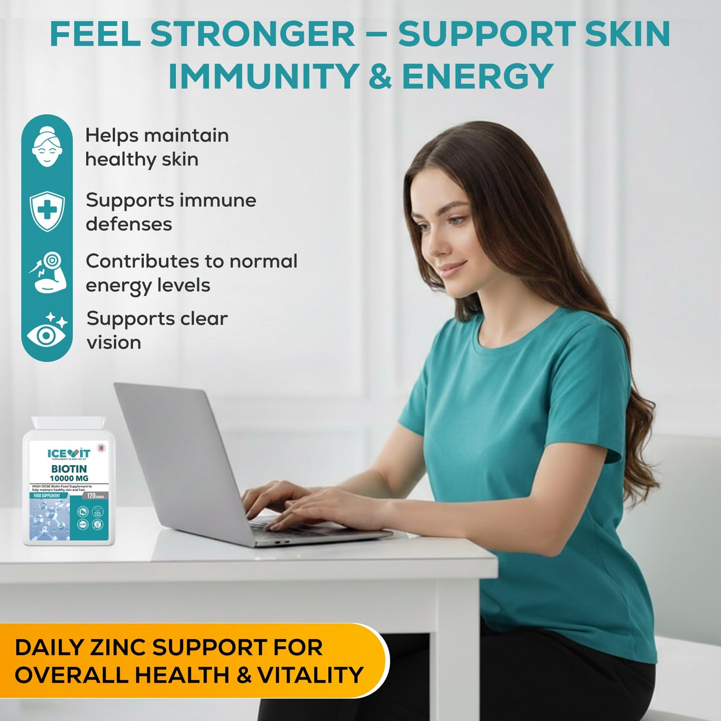 Woman using a laptop with a supplement container on a desk, text about health benefits and daily zinc support.