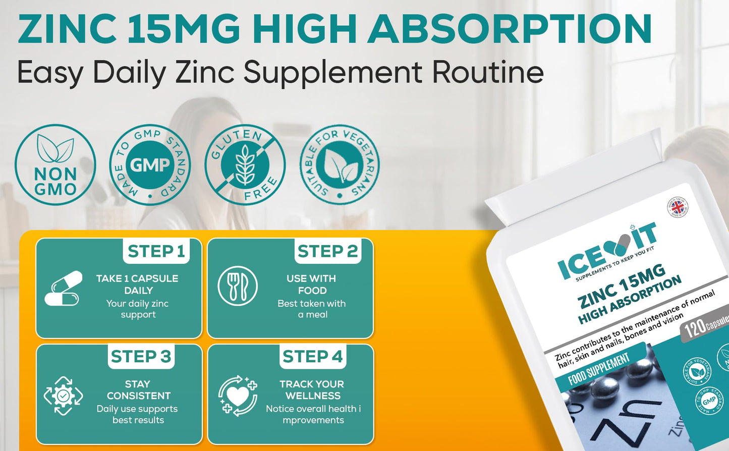 Zinc supplement packaging with daily routine steps on a white background