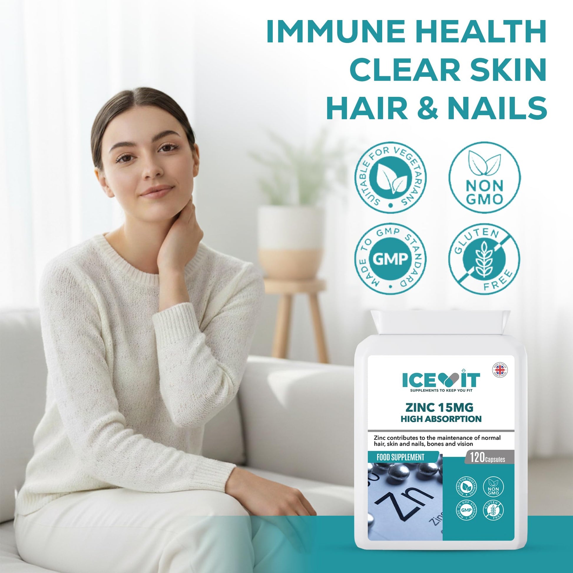 Woman sitting on a couch with a bottle of Icevit zinc supplement in front of her, emphasizing immune health, clear skin, hair, and nails.